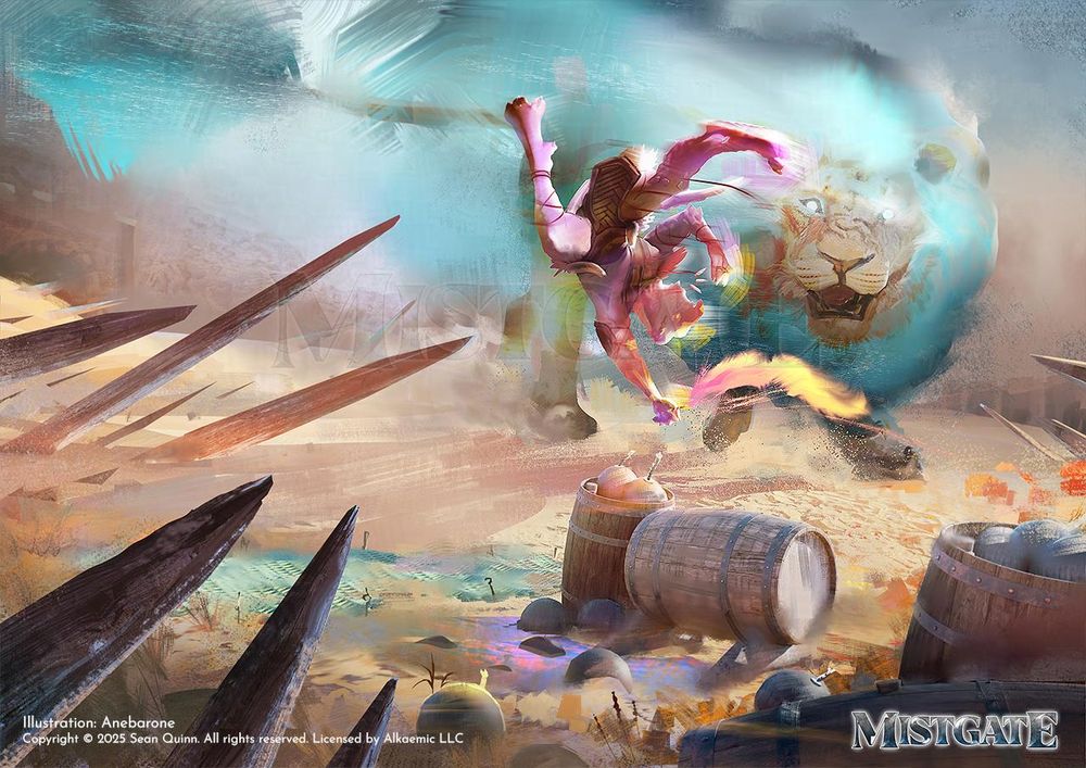 Illustration of a kobold in a tribal leather attire jumping across barrels loaded with bombs. They're mid-jump lighting a wick on fire. Behind them there is a giant lion, its mane has a glowing blue, gas-like appearance.