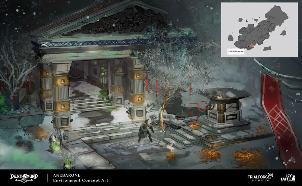 Ilustração de um cenário de neve com um portal em estilo romano. O frontão é decorado com ossos reais, como uma parede de catacumba. Há um cavaleiro e um braseiro na frente do portal.