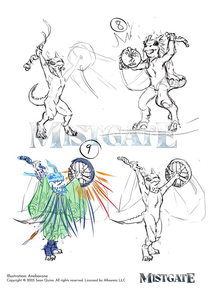 drawing of a kobold wearing a long green robe, skull helmet and a ceremonial bone drum on their hand