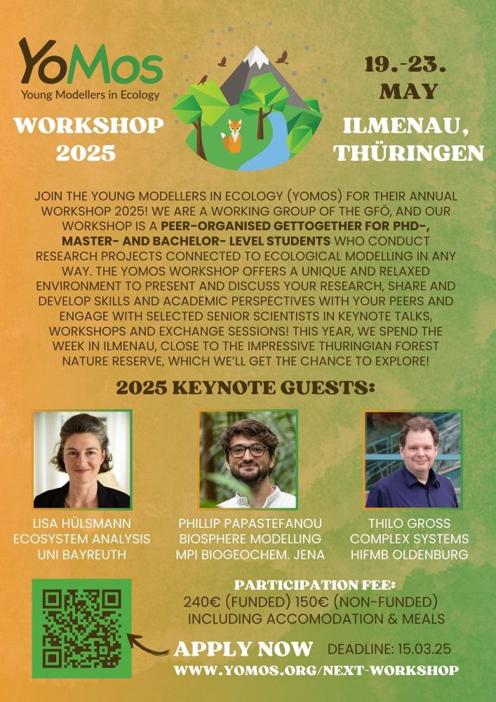 Poster for the YoMos workshop has a background fading from orange on the left to green on the right, with slight watercolor-structured overlay. Stated are the date (19.-23. May) and place (Ilmenau, Thüringen) next to the YoMos Logo (geometric-style landscape with river, trees, green grass and a fox against a mountain and network-spanned sky and a few birds flying). A text described the goals and content of the workshop, followed by profile pictures of this year's keynote guests. The bottom part has information on the participation fee (240/150 €) and where to apply (website) plus the deadline (15.3.).