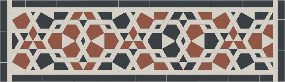 pattern strip from the edge of a courtyard fountain, in the Aga Khan Museum (Toronto). The pattern is made up from red, black and white tiles arranged in a dizzying hexagonal pattern