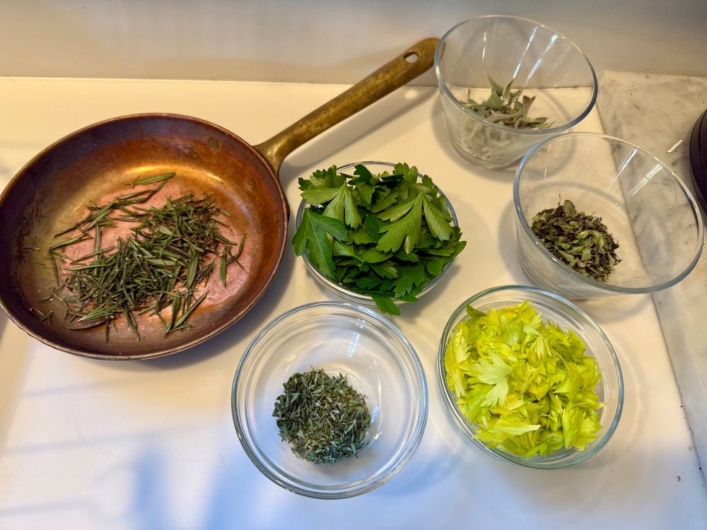 Mise en place.

Parsley, celery leaves, thyme, organic, sage and rosemary. 