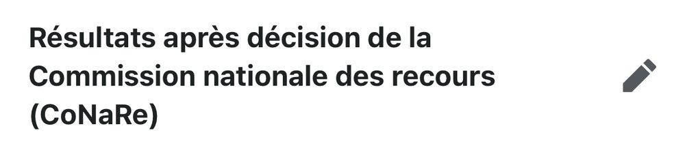 Capture d’écran :
Résultats après décision de la
Commission nationale des recours
(CoNaRe)