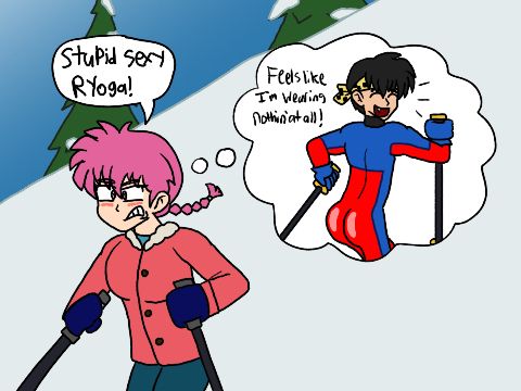 Redraw of the ever-memetic scene from The Simpsons episode "Little Big Mom," but with Ranma and Ryoga. A blushing and irate girl Ranma is thinking about a caked-up Ryoga in Ned's skiing suit, boasting "Feels like I'm wearing nothin' at all!" Ranma says to him/herself "Stupid sexy Ryoga!"