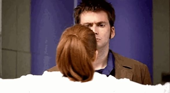 GIF from the fourth series of 'new' Doctor Who. It shows Donna Noble - played by Catherine Tate - giving The Doctor - played by David Tennant - a hug.