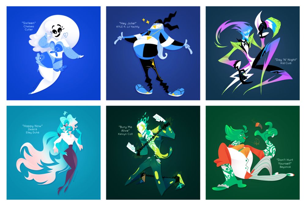 6 blue to green Huevember ghost character designs. Names of songs linked in last thread post.