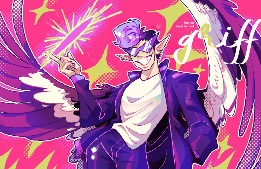 A greaser angel twirling a halo with his finger. Has killer purple sunglasses. Text says: "just an angel named Griff"