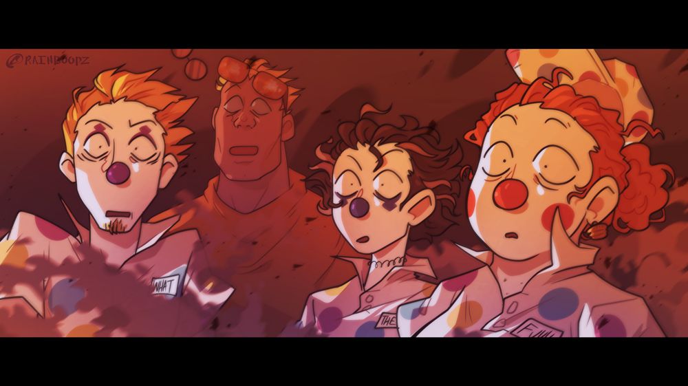 Anime screenshot style. Tim, Billie, Penny, and Conrad in the background all witness the annihilation of Steve. The scene is in warm colors as smoke and debris blast towards the left. Tim's glasses and Penny's hat fly off. Each of the worker's tags say "What - The - Fuuu". In Conrad's sunglasses there is a reflection stock image of an explosion. Everyone is shocked.