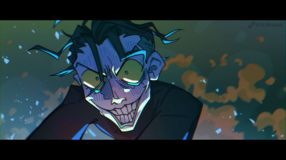 Anime screenshot style art. Cesare dons a wicked smile with a shadow cast over his face. Debris of magic and smoke fly in the background.
