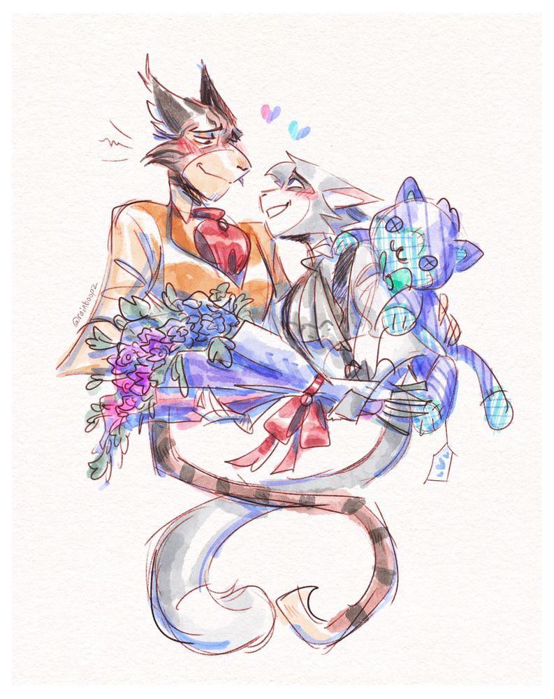 Anstey has a cat plush and holds it against Cerulean's back as he embraces him. Cerulean offers up Anstey a bouquet of flowers. They are both smiling. The cat has the gay men flag colors while the roses have the bisexual colors.