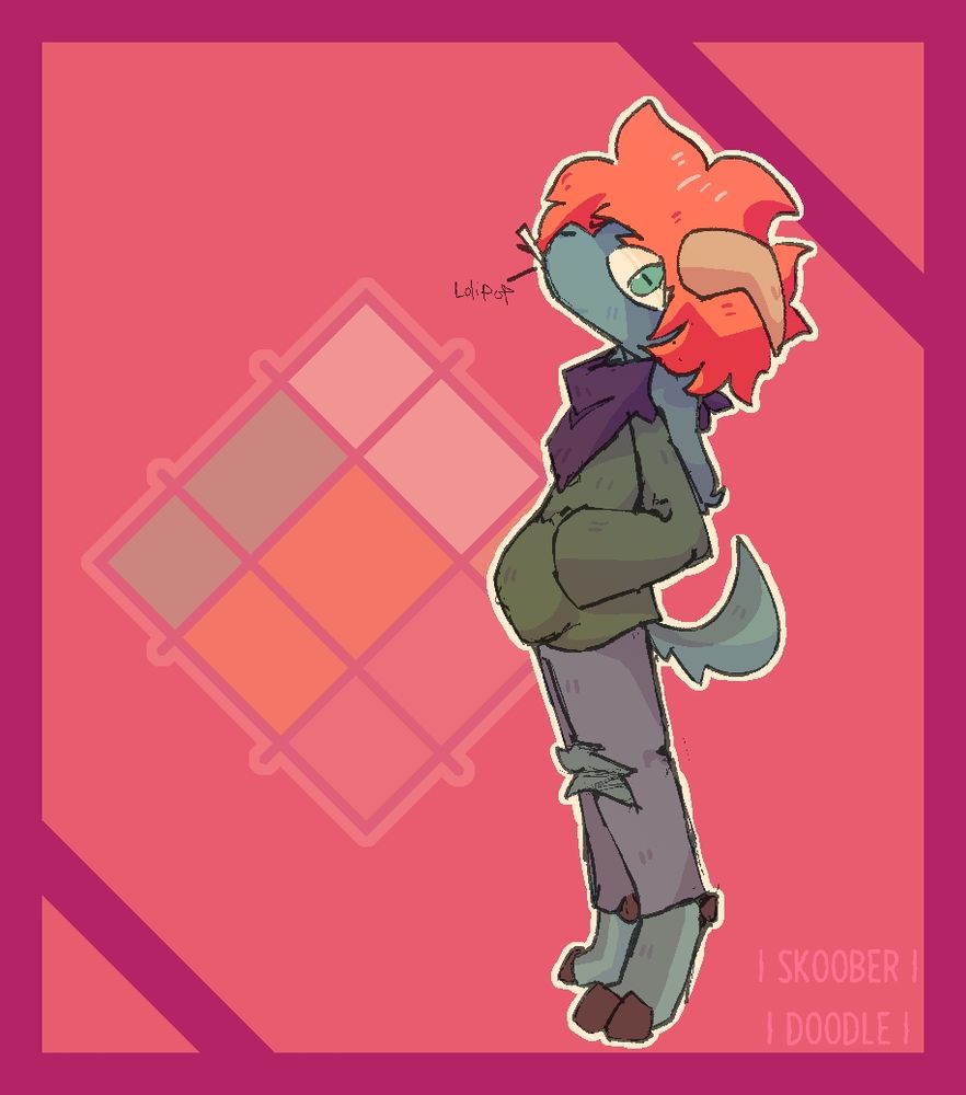 A teal anthro goat with messy orange hair standing at a side view, looking at the camera. He's wearing ripped jeans, a green hoodie, and a blue bandana. An abstract rubik's cube is seen faintly behind him as a logo.