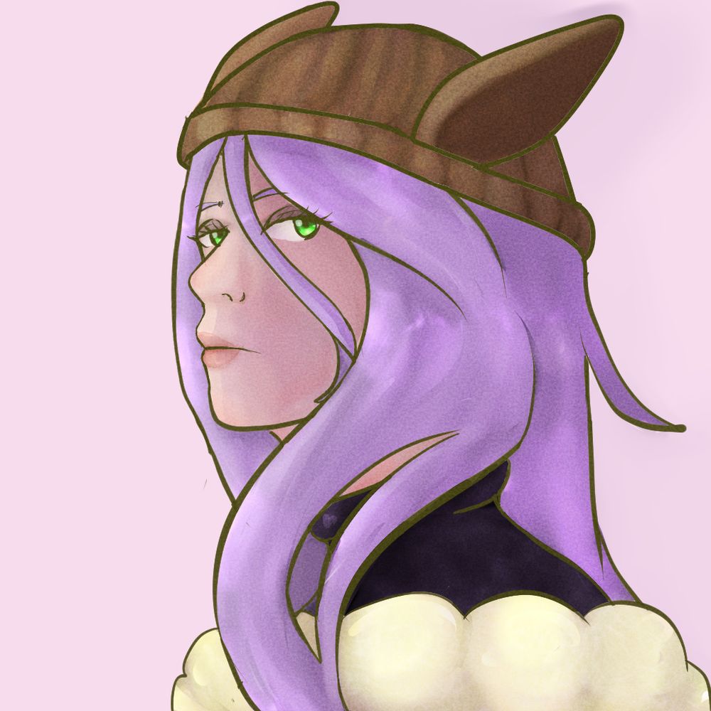 A portrait of cymkae's sona, which is a purple haired woman wearing an eevee hat. 