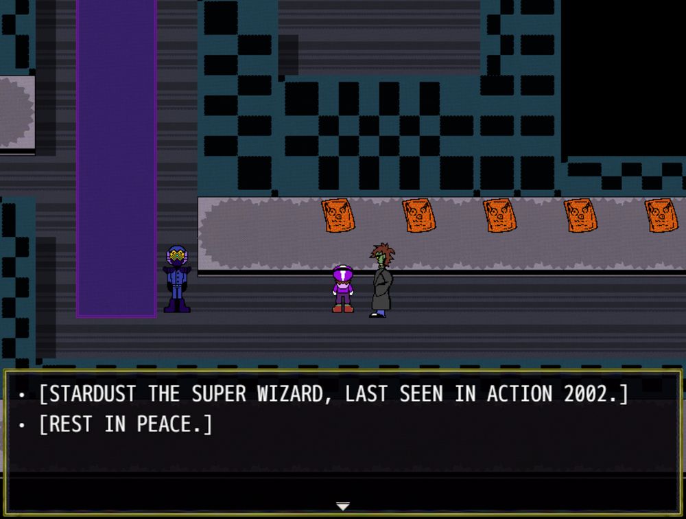 Rocket Kid and Rob Zombie look at "Stardust the Super Wizard"'s memorial plaque...

HOLY SHIT I SPELLED PLAQUE RIGHT FIRST TRY FUCK YEAH!

Stardust the Super Wizard is a Public Domain Superhero; https://pdsh.fandom.com/wiki/Stardust_the_Super_Wizard

Stardust the Super Wizard does not appear in this game.
