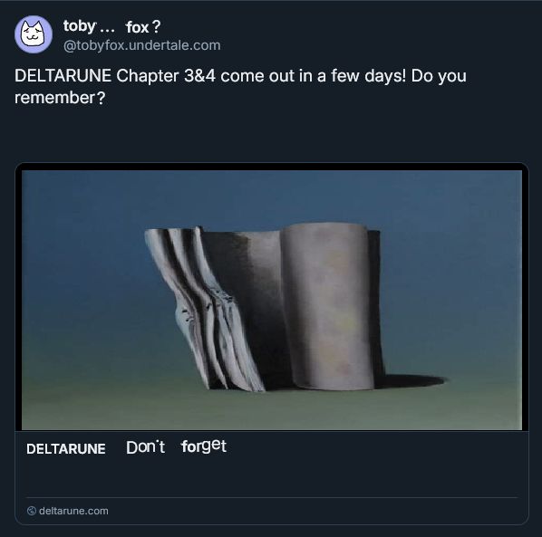 Everywhere at the End of Time - The Caretaker

Also, a reference to "Don't Forget." from both Undertale and Deltarune.