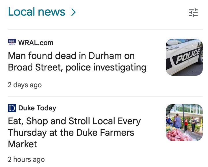 two news headlines, one about a man found dead in durham, nc, and one about the joys of the farmers market in durham