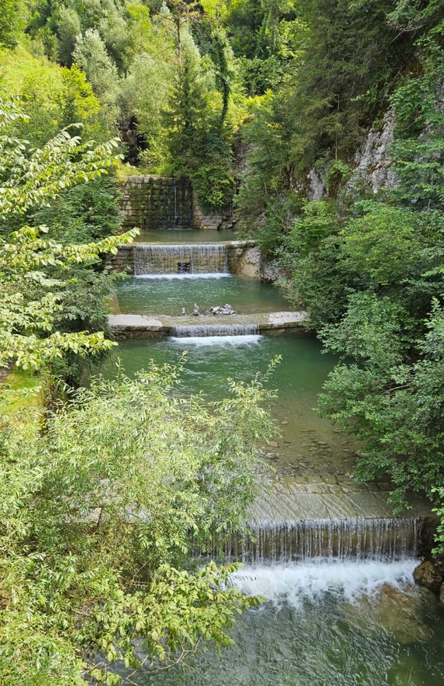 Ein kleiner Fluss in dem in Abständen kleine Holzbarrieren installiert sind sodass es wie kleine Wasserfälle aussieht. Links und rechts Bäume und Sträucher. 