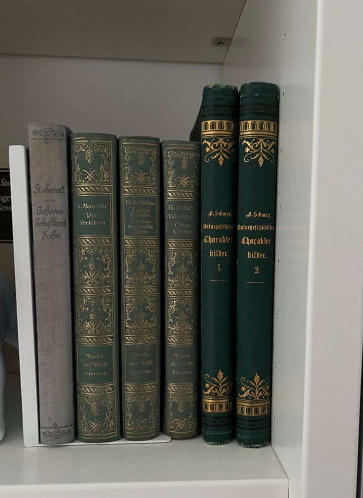 Alte Bücher in einem weißen Bücherregal. Alle mit grünem Einband und Goldprägung am Buchrücken. 