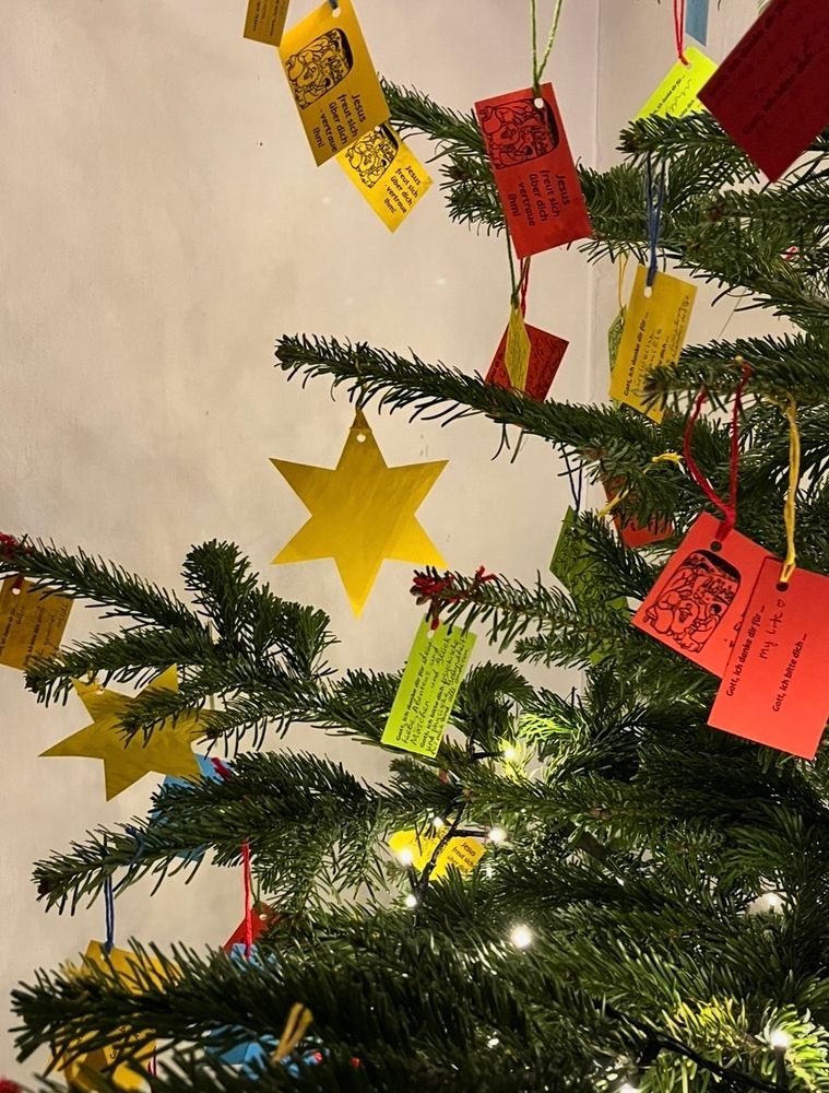Ein Tannenbaum, behängt mit gelben Sternen und kleinen bunten Kärtchen an denen kleine Botschaften geschrieben sind.