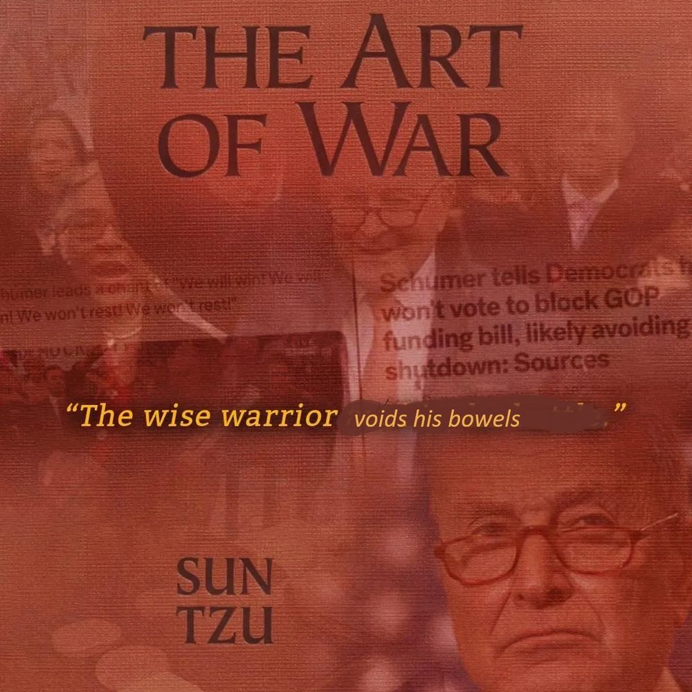 an edited cover of "the art of war" with Chuck Schumer watermarked on it and a subtitle saying "The wise warrior voids his bowels"