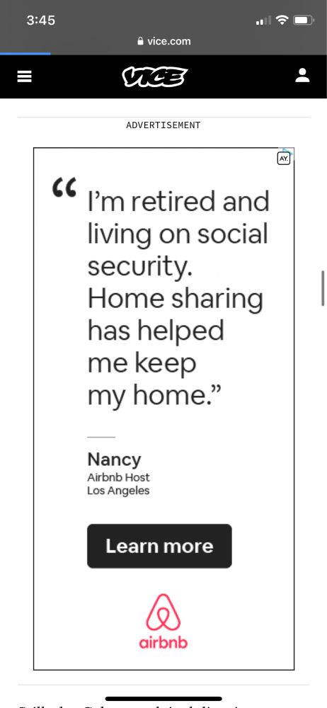 A quote from an AirBNB host reading “I’m retired and living on social security. Home sharing has helped me keep my home.”