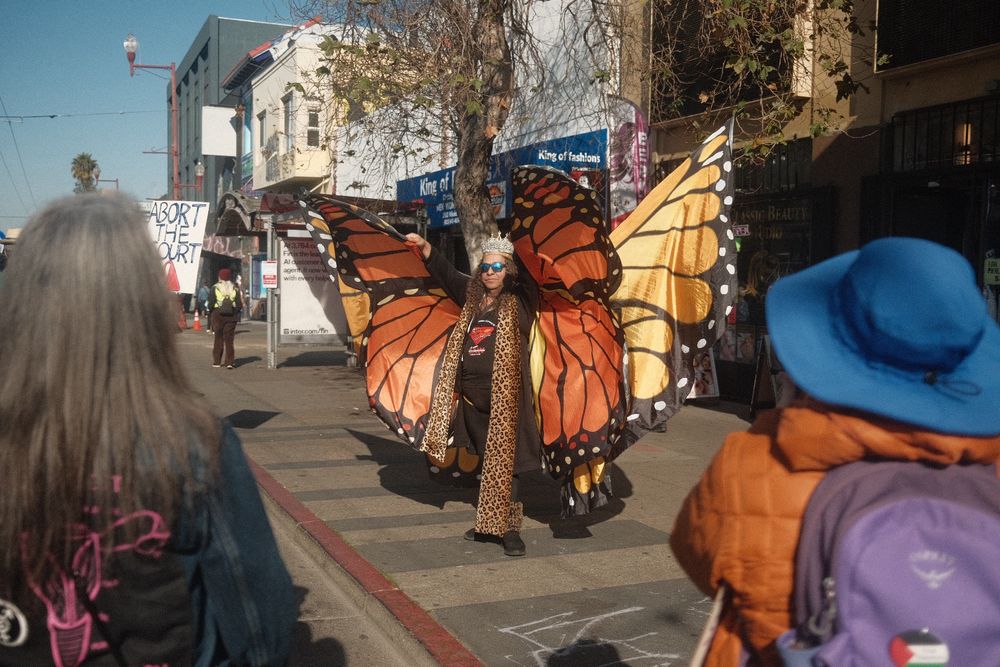 The People’s March SF. A person waving giant Monarch butterfly wings. 