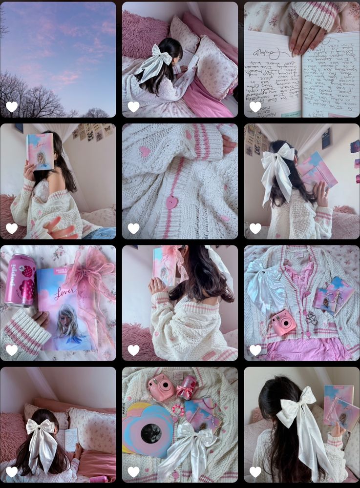 12 photos in a screenshot lover cardigan inspired photo shoot girl with white bow, holding lover albums, picture of cardigan on bed with lover booklet Polaroid camera lover live from Paris vinyl. 