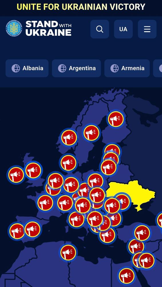Map of Europe with planned Pro-Ukraine rallies