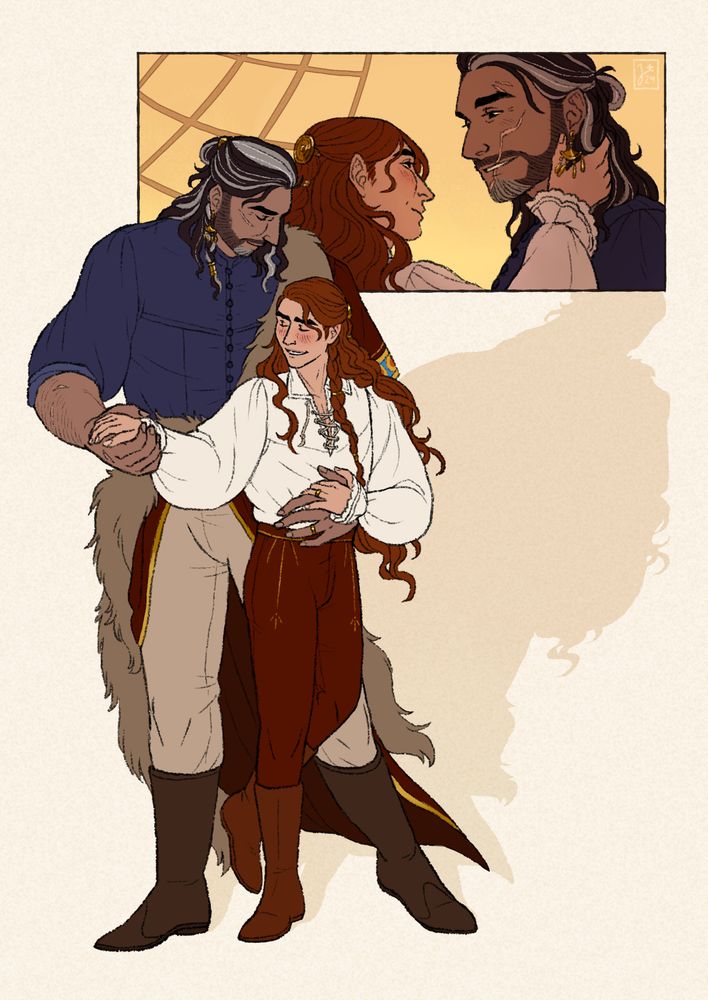 A fullbody picture of two men with a close-up panel of them in the background, where the shorter of the two, a redhaired lord named Aristedes, is gently caressing Hvass' scarred cheek, a tall, darker skinned man with salt-and-pepper hair/beard. Hvass holds Aristedes gently and Aristedes flashes a blushing grin at him.