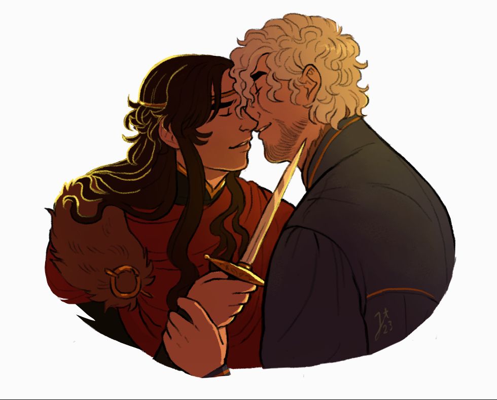 Two men dressed in historically inspired clothing are leaning in for a kiss, eyes closed. The man with long dark hair is holding a dagger to the silver-haired ones throat, the moment playful rather than threatening, implying a silent agreement between the two.