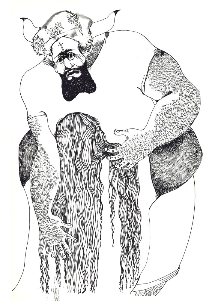A black and white ink drawing of Enkidu wrestling with Gilgamesh, where it looks almost like an embrace, Gilgamesh's fingertips brushing against Enkidu's wild and long hair. Both men are hairy and burly.