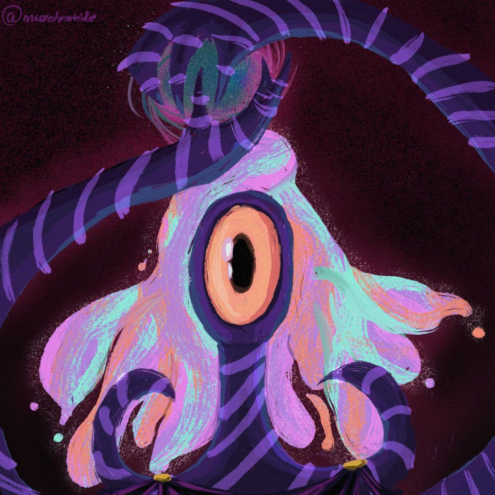 a painterly digital bust portrait of a galactic character with spiraling purple skin, bubbly floating hair, and a large oval eye taking up her entire face. her arms noodle and swirl above her head, hands encasing a glowing sphere. the majority of the peice is purple with dark warm tones, but her hair and eye contrast with bright saturated hues.