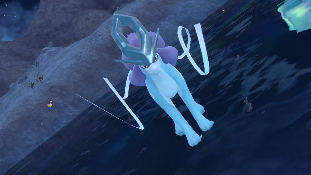 A shot of the Pokémon Suicune standing on water