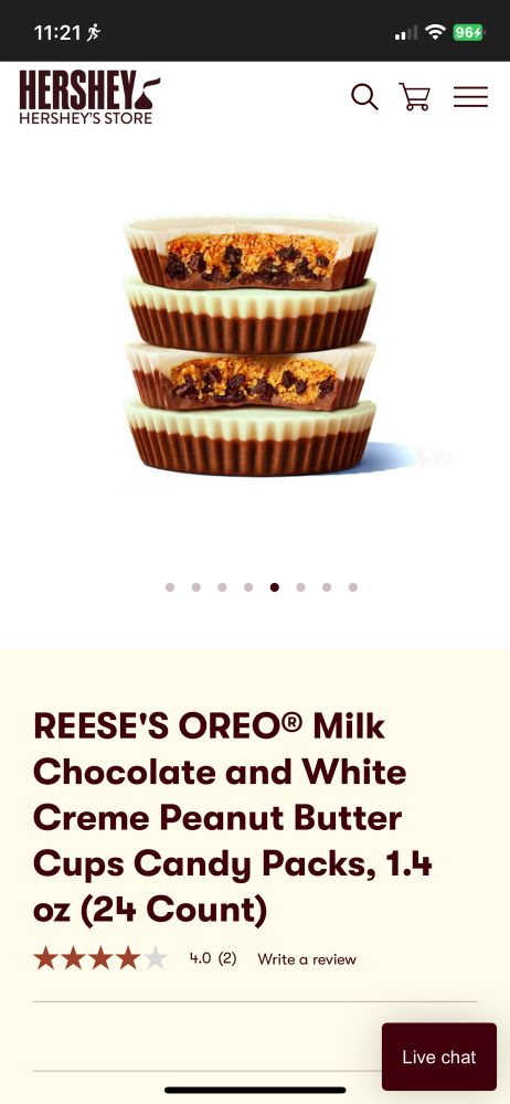 New Reese’s Oreo milk chocolate and white  creme peanut butter candy cup

REESE'S OREO® Milk Chocolate and White Creme Peanut Butter
Cups Candy Packs, 1.4
oz (24 Count)
