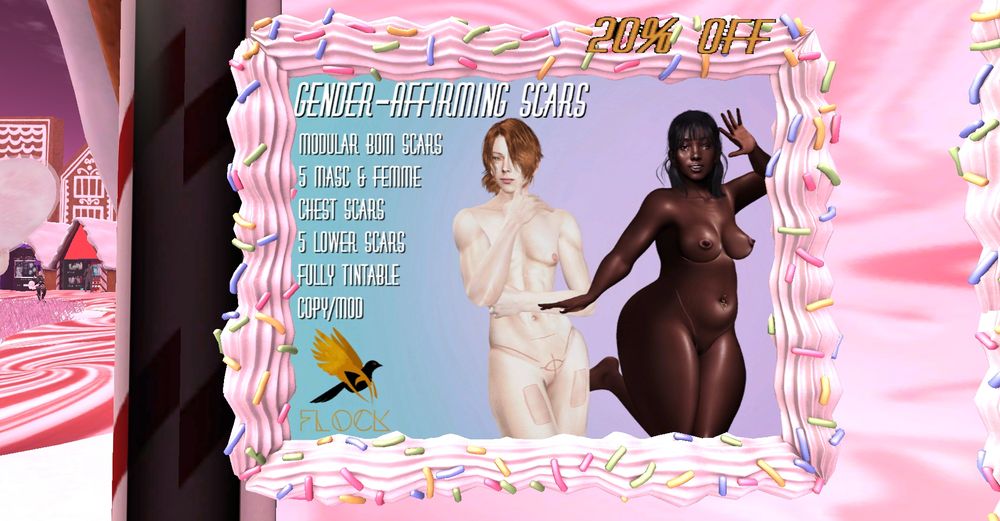An advertisement in Secondlife for a set of scars resembling surgical scars from gender affirmation surgeries.