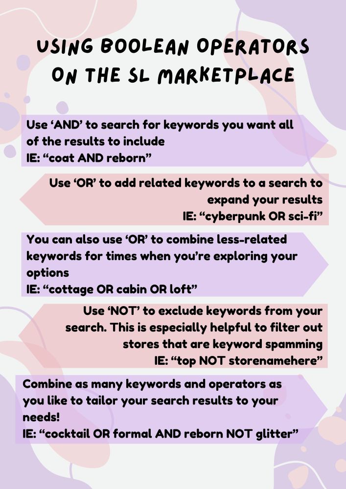 Using Boolean Operators on the SL Marketplace:
Use ‘AND’ to search for keywords you want all of the results to include
IE: “coat AND reborn”
Use ‘OR’ to add related keywords to a search to expand your results
IE: “cyberpunk OR sci-fi”
You can also use ‘OR’ to combine less-related keywords for times when you’re exploring your options
IE: “cottage OR cabin OR loft”
Use ‘NOT’ to exclude keywords from your search. This is especially helpful to filter out stores that are keyword spamming
IE: “top NOT storenamehere”
Combine as many keywords and operators as you like to tailor your search results to your needs!
IE: “cocktail OR formal AND reborn NOT glitter”