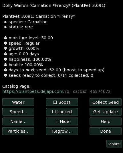 A screenshot of the menu of the Carnation: Frenzy plant inworld