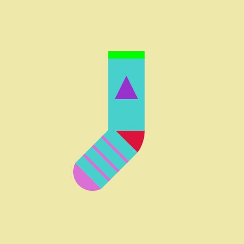 One sock: It is a MediumTurquoise sock with a Crimson heel, an Orchid toe, and a Lime cuff, with a DarkOrchid triangle on the leg and three Orchid stripes on the foot, all on a PaleGoldenrod background. 