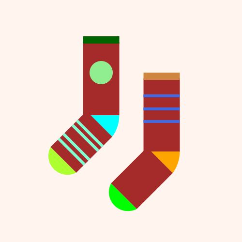 Two socks: One is a Brown sock with a Cyan heel, a GreenYellow toe, and a DarkGreen cuff, with a LightGreen circle on the leg and four Aquamarine stripes on the foot, and the other is a Brown sock with an Orange heel, a Lime toe, and a Peru cuff, with three RoyalBlue stripes on the leg, all on a Seashell background. 