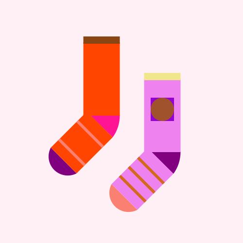 Two socks: One is an OrangeRed sock with a DeepPink heel, a Purple toe, and a SaddleBrown cuff, with  two Salmon stripes on the foot, and the other is a Violet sock with a Purple heel, a Salmon toe, and a Khaki cuff, with a Sienna circle inside a DarkViolet square on the leg and three Chocolate stripes on the foot, all on a LavenderBlush background. 
