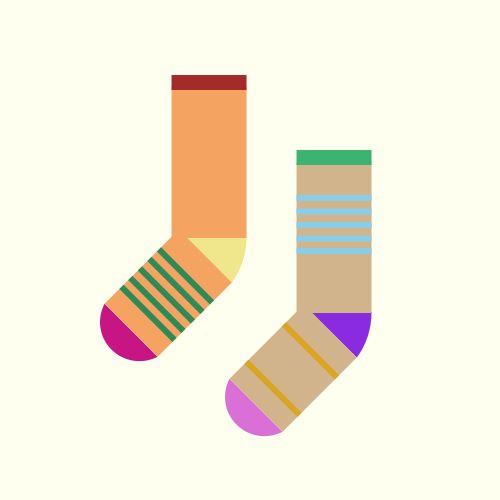 Two socks: One is a SandyBrown sock with a Khaki heel, a MediumVioletRed toe, and a Brown cuff, with  five SeaGreen stripes on the foot, and the other is a Tan sock with a BlueViolet heel, an Orchid toe, and a MediumSeaGreen cuff, with five SkyBlue stripes on the leg and two Goldenrod stripes on the foot, all on an Ivory background. 