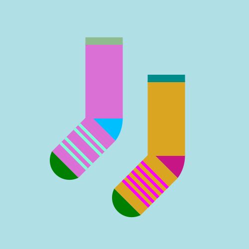 Two socks: One is an Orchid sock with a DeepSkyBlue heel, a Green toe, and a DarkSeaGreen cuff, with  four Aquamarine stripes on the foot, and the other is a Goldenrod sock with a MediumVioletRed heel, a Green toe, and a DarkCyan cuff, with  five Magenta stripes on the foot, all on a PowderBlue background. 