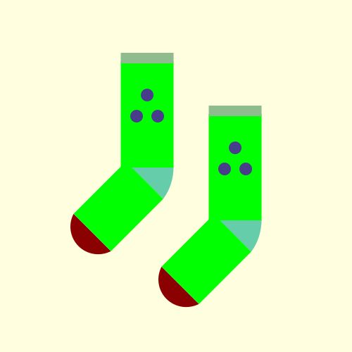 Two socks: Both are a Lime sock with a MediumAquamarine heel, a DarkRed toe, and a DarkSeaGreen cuff, with three DarkSlateBlue dots in a triangle on the leg, all on a LightYellow background. 