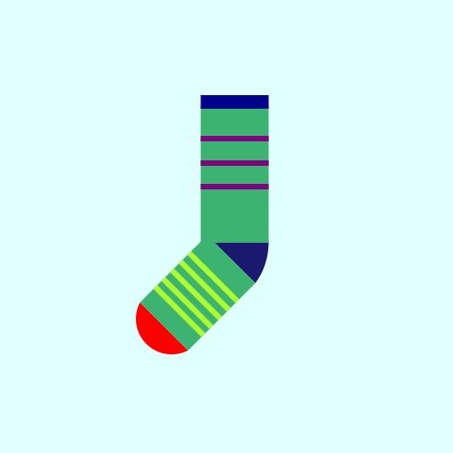 One sock: It is a MediumSeaGreen sock with a MidnightBlue heel, a Red toe, and a DarkBlue cuff, with three Purple stripes on the leg and five GreenYellow stripes on the foot, all on a LightCyan background. 