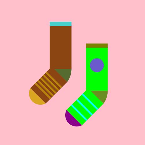 Two socks: One is a SaddleBrown sock with a DarkOliveGreen heel, a Goldenrod toe, and a MediumTurquoise cuff, with  five DarkGoldenrod stripes on the foot, and the other is a Lime sock with an OliveDrab heel, a DarkMagenta toe, and an Olive cuff, with a SlateBlue circle on the leg and three Cyan stripes on the foot, all on a Pink background. 