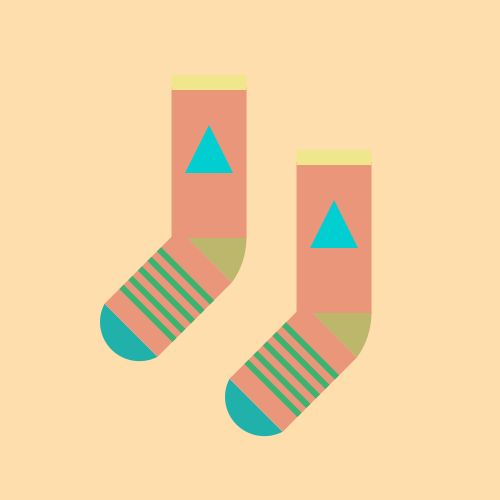 Two socks: Both are a DarkSalmon sock with a DarkKhaki heel, a LightSeaGreen toe, and a Khaki cuff, with a DarkTurquoise triangle on the leg and five MediumSeaGreen stripes on the foot, all on a NavajoWhite background. 