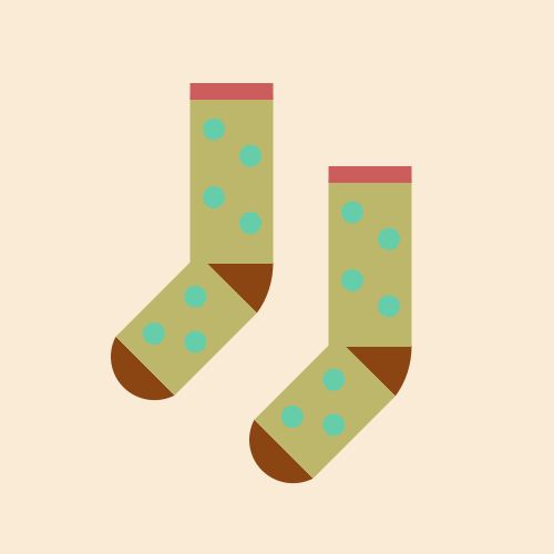 Two socks: Both are a DarkKhaki sock with a SaddleBrown heel, a SaddleBrown toe, and an IndianRed cuff, with  MediumAquamarine polkadots, all on an AntiqueWhite background. 