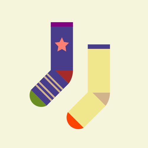 Two socks: One is a DarkSlateBlue sock with a Brown heel, an OliveDrab toe, and a Purple cuff, with a Salmon star on the leg and four Tan stripes on the foot, and the other is a Khaki sock with a Tan heel, an OrangeRed toe, and a DarkSlateBlue cuff, with no decoration, all on a Beige background. 