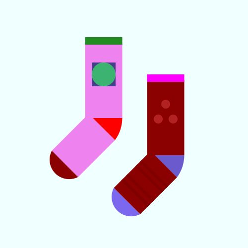 Two socks: One is a Violet sock with a Red heel, a DarkRed toe, and a ForestGreen cuff, with a MediumSeaGreen circle inside a DarkSlateBlue square on the leg, and the other is a DarkRed sock with a SlateBlue heel, a MediumSlateBlue toe, and a Magenta cuff, with three Firebrick dots in a triangle on the leg and four Maroon stripes on the foot, all on an Azure background. 