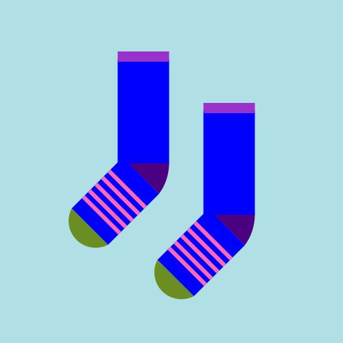 Two socks: Both are a Blue sock with an Indigo heel, an OliveDrab toe, and a DarkOrchid cuff, with  five HotPink stripes on the foot, all on a PowderBlue background. 