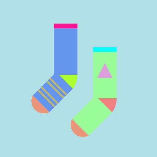 Two socks: One is a CornflowerBlue sock with a GreenYellow heel, a DarkSalmon toe, and a DeepPink cuff, with  four DarkKhaki stripes on the foot, and the other is a PaleGreen sock with a LightCoral heel, a DarkSalmon toe, and a Cyan cuff, with a Plum triangle on the leg, all on a PowderBlue background. 